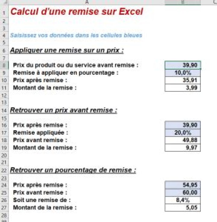 Formule Excel pourcentage remise : méthode + exemple