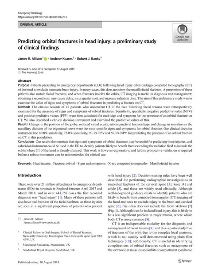 Predicting orbital fractures in head injury: a preliminary study of clinical findings - ePrints