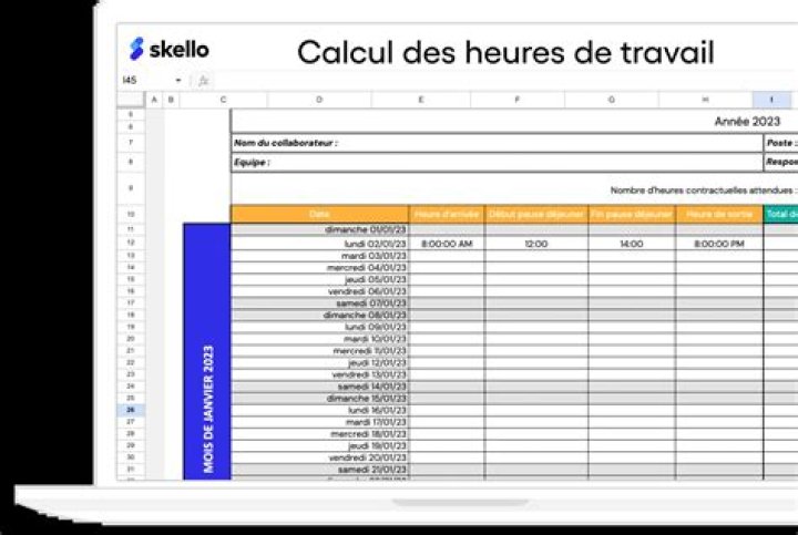 Tableau pour calculer les heures de travail (semaine, mois)